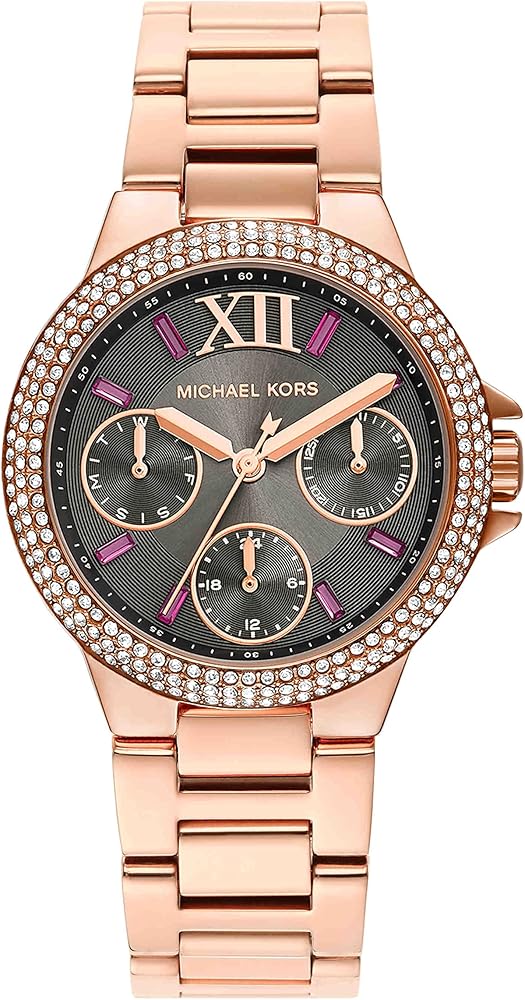 Michael Kors Camille rose gold women's watch with dark grey multifunction dial and crystal bezel