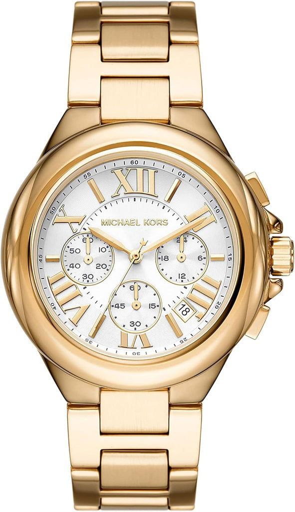 Michael Kors Camille oversized gold chronograph watch with white dial and Roman numerals