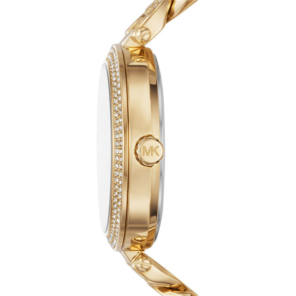 Michael Kors Catelyn MK4674 side view showing crystal-paved bezel and chain-link strap detail