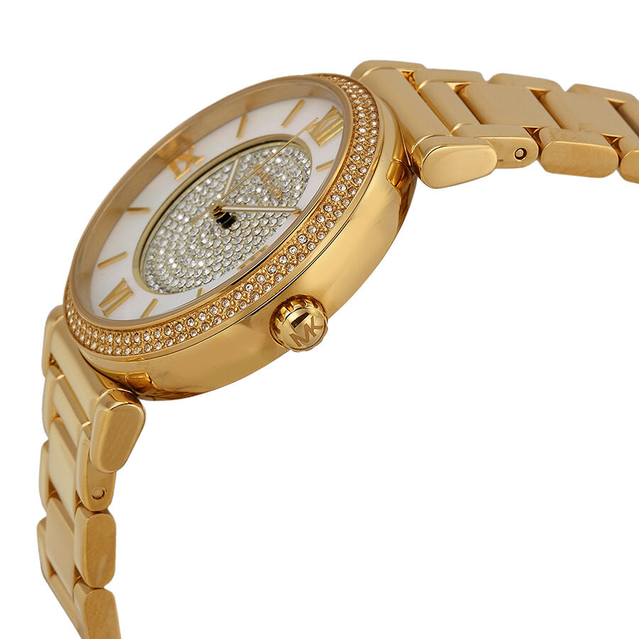 Michael Kors Catlin gold watch side view showing case profile and gold bracelet