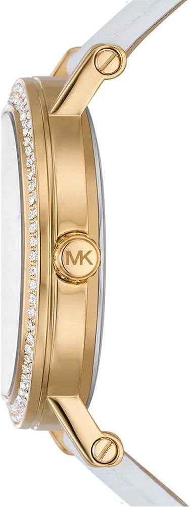 Side view of Michael Kors Corey watch showing gold-tone case with crystal bezel and white leather strap