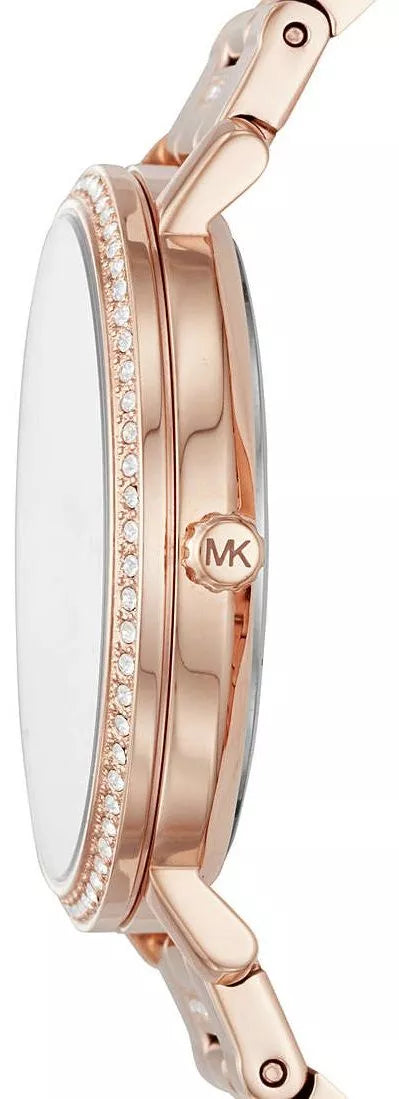 Michael Kors Courtney MK3836 side view showing rose-gold bracelet and crystal bezel