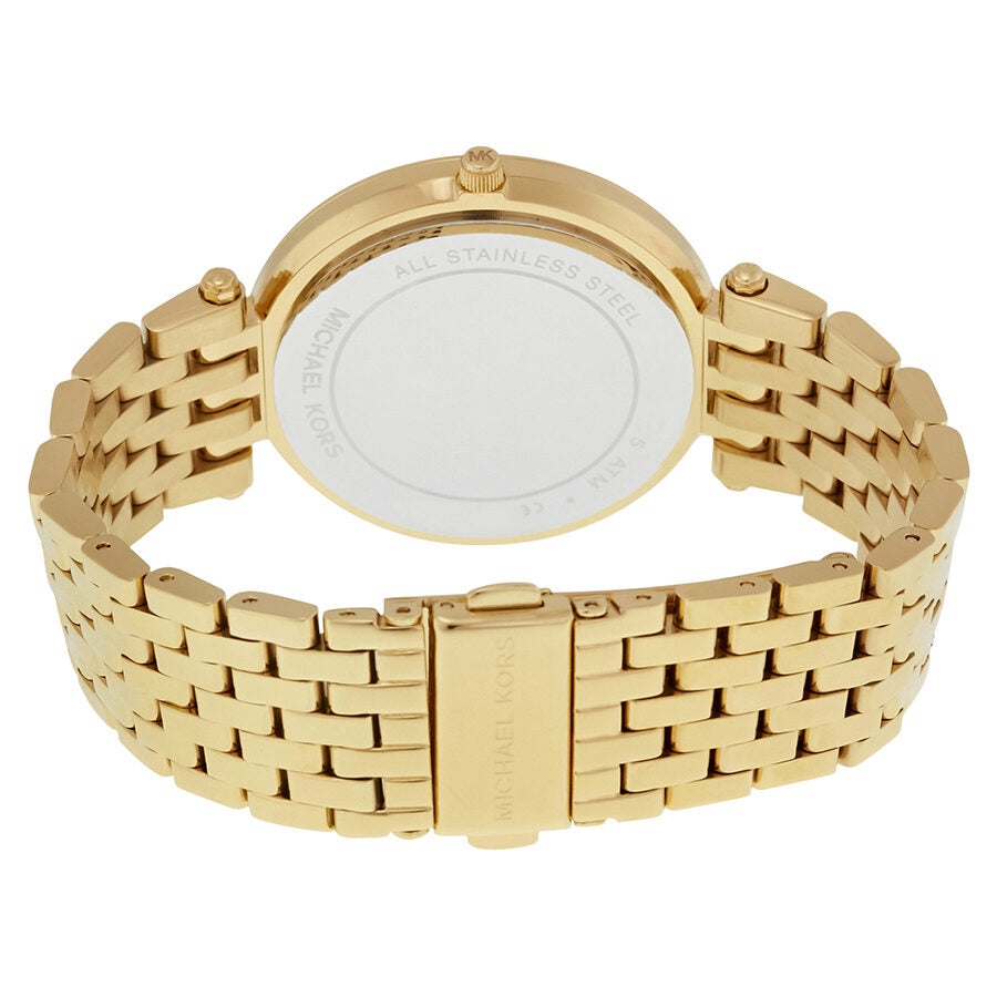 Michael Kors Darci Glitz watch caseback showing stainless steel case and bracelet clasp