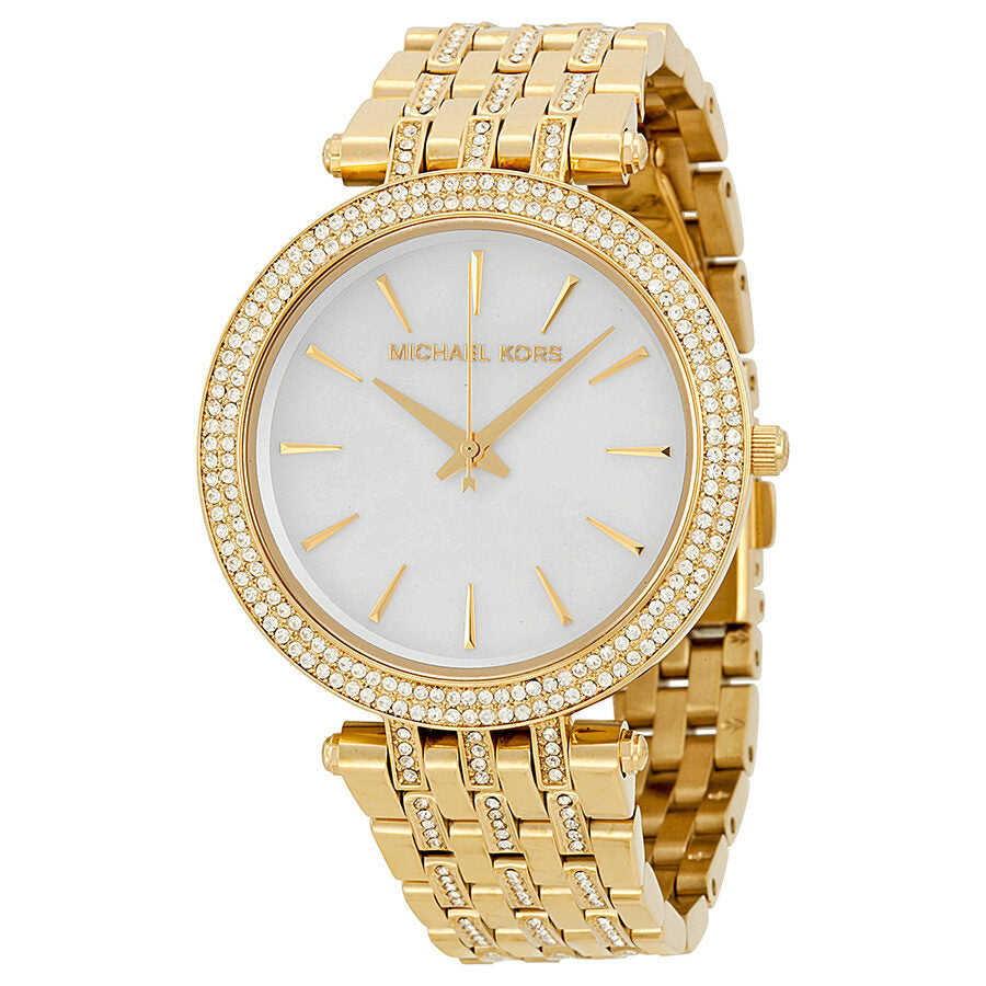 Michael Kors Darci white MOP dial gold women's watch with crystal bezel