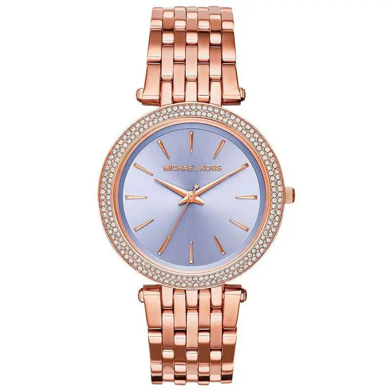 Michael Kors Darci MK3400 women's watch with purple dial, rose gold-tone case, and crystal bezel