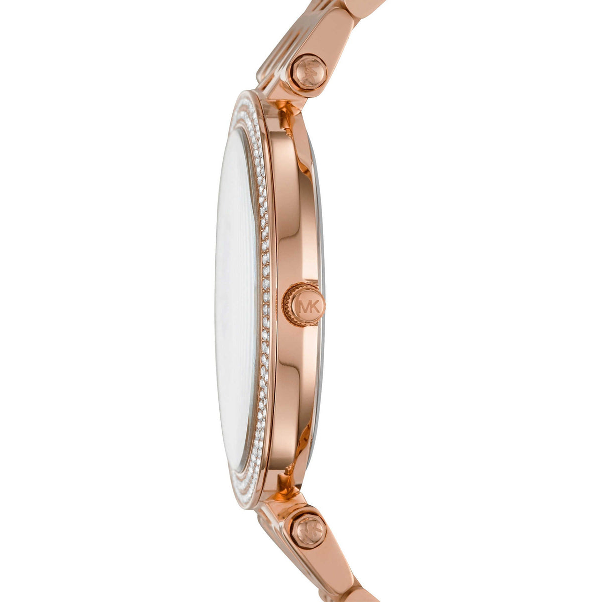Side view of Michael Kors Darci watch showing rose gold-tone case and crystal bezel