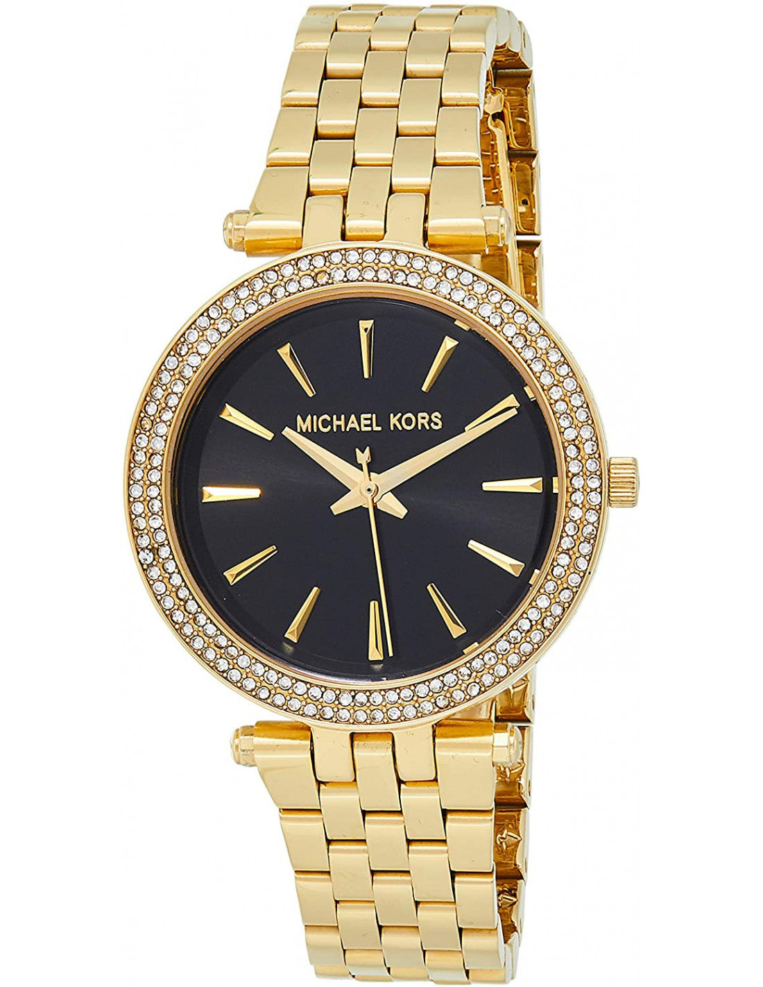 Michael Kors Darci black dial ladies gold tone watch with crystal pave bezel