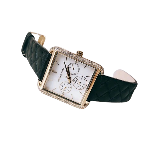 Michael Kors Drew watch worn on wrist, displaying white dial with chronograph subdials