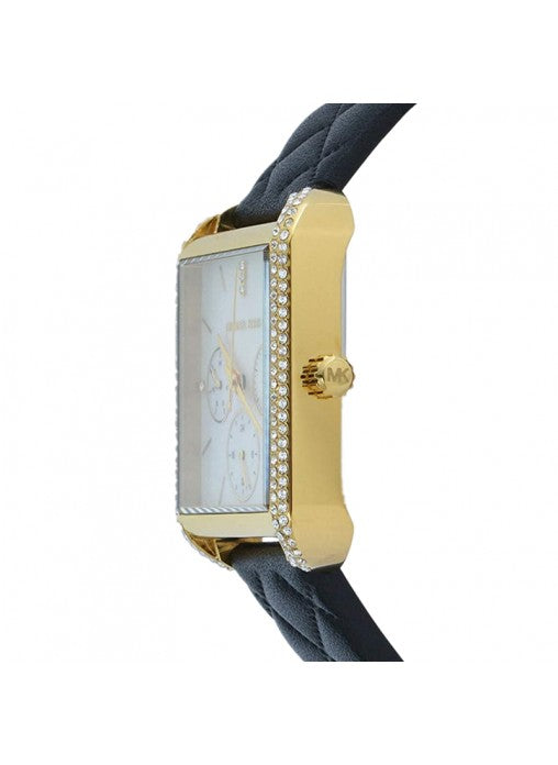Side view of Michael Kors Drew watch with crystal-set bezel and black quilted leather band