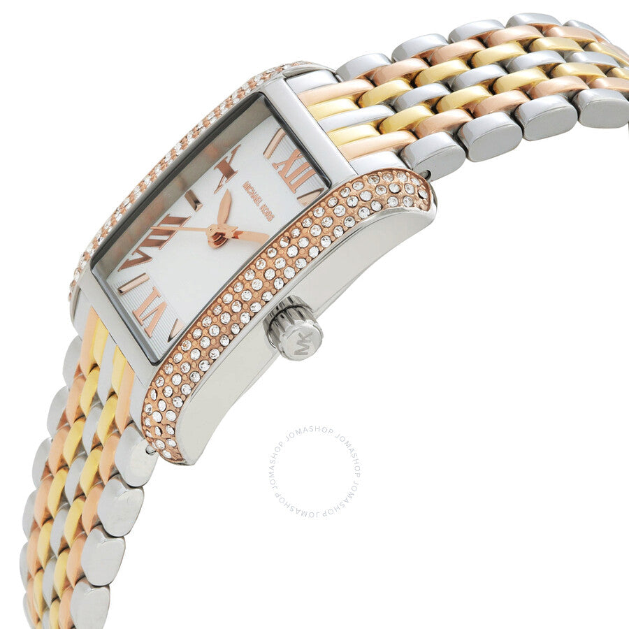Michael Kors Emery watch angled view showing tri-tone bracelet and crystal-embellished bezel