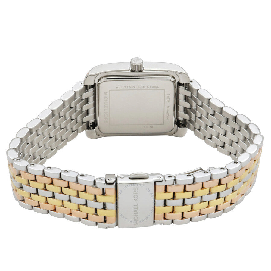 Michael Kors Emery watch caseback view showing tri-tone steel and gold bracelet