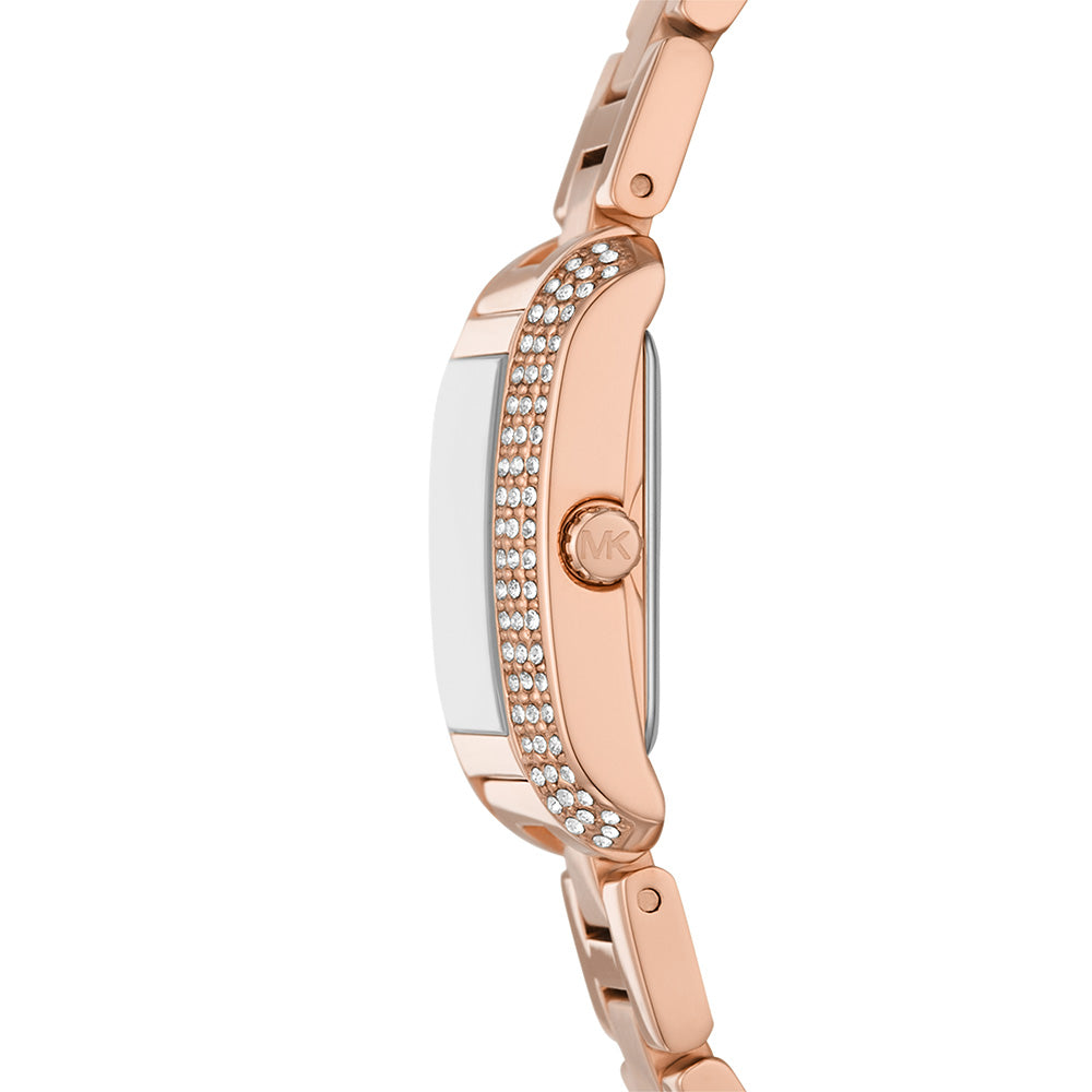 Side profile of Michael Kors Emery MK7512 watch showing crystal-adorned bezel and rose gold-tone case