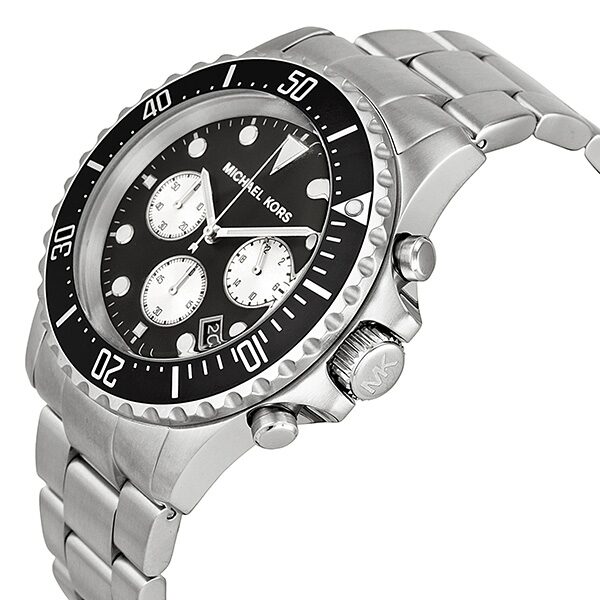 Michael Kors Everest chronograph watch from side angle showing stainless steel case and bracelet