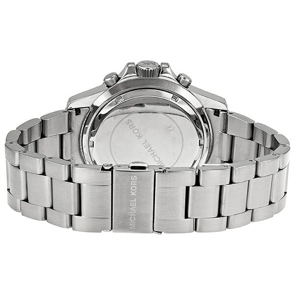 Michael Kors Everest watch caseback showing stainless steel display back and engraved bracelet
