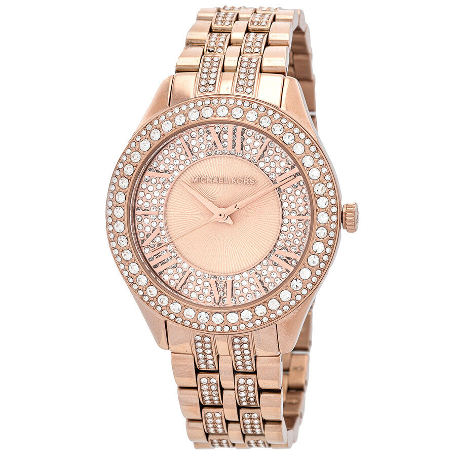 Michael Kors Harlowe Pave rose-gold women's watch with crystal-studded bezel, dial, and matching bracelet