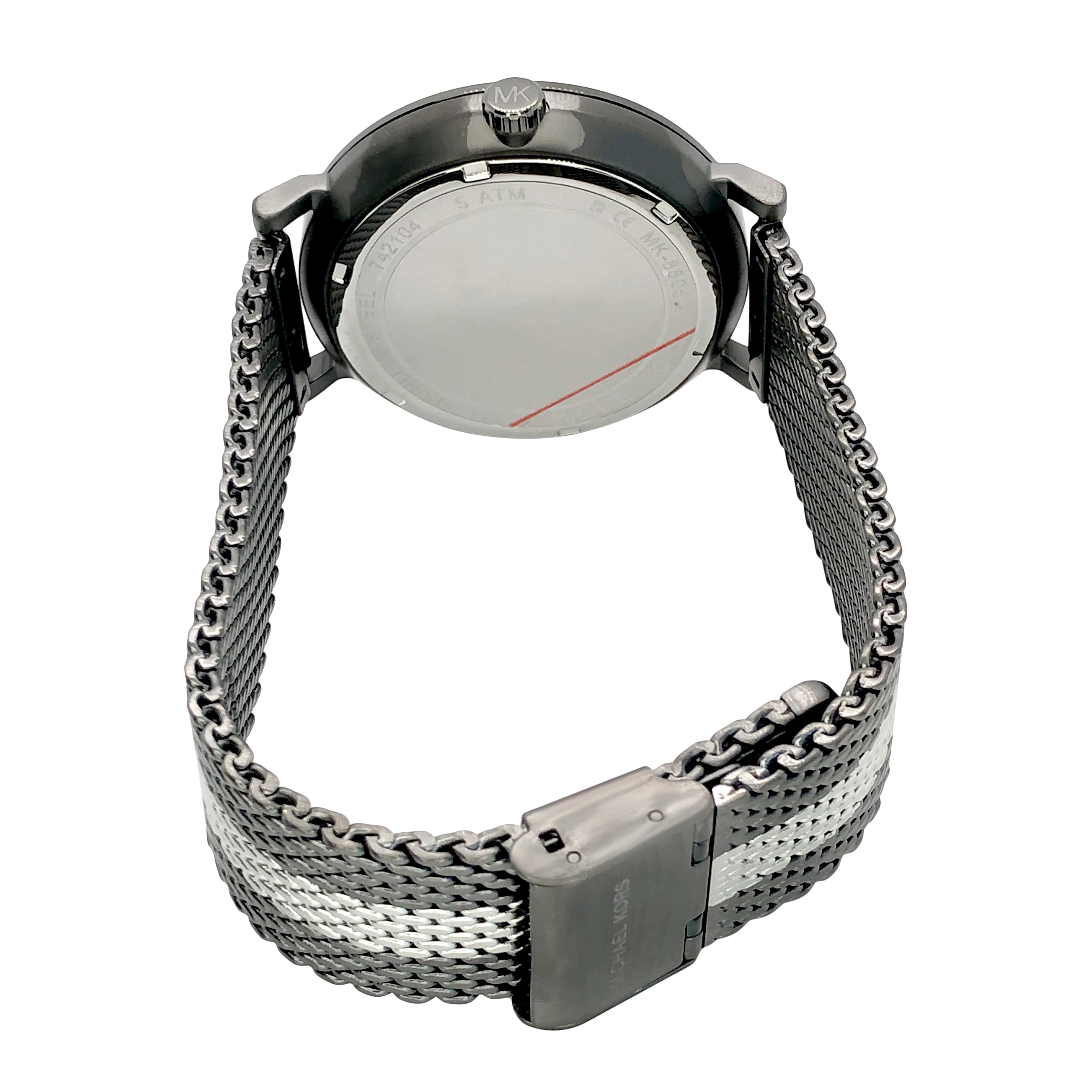 Michael Kors Irving grey watch MK8805 case back and mesh bracelet detail