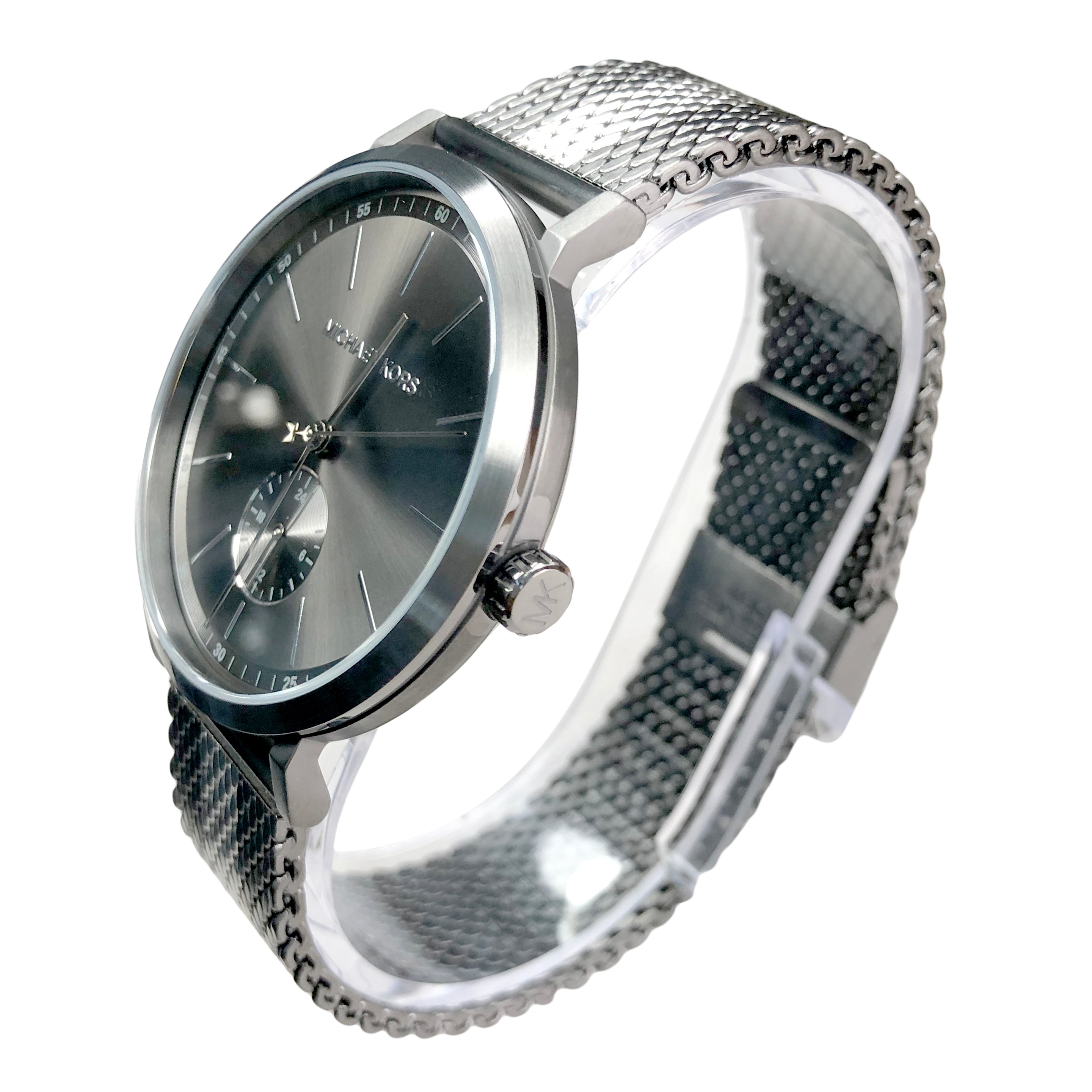 Michael Kors Irving grey watch MK8805 worn on wrist with mesh bracelet
