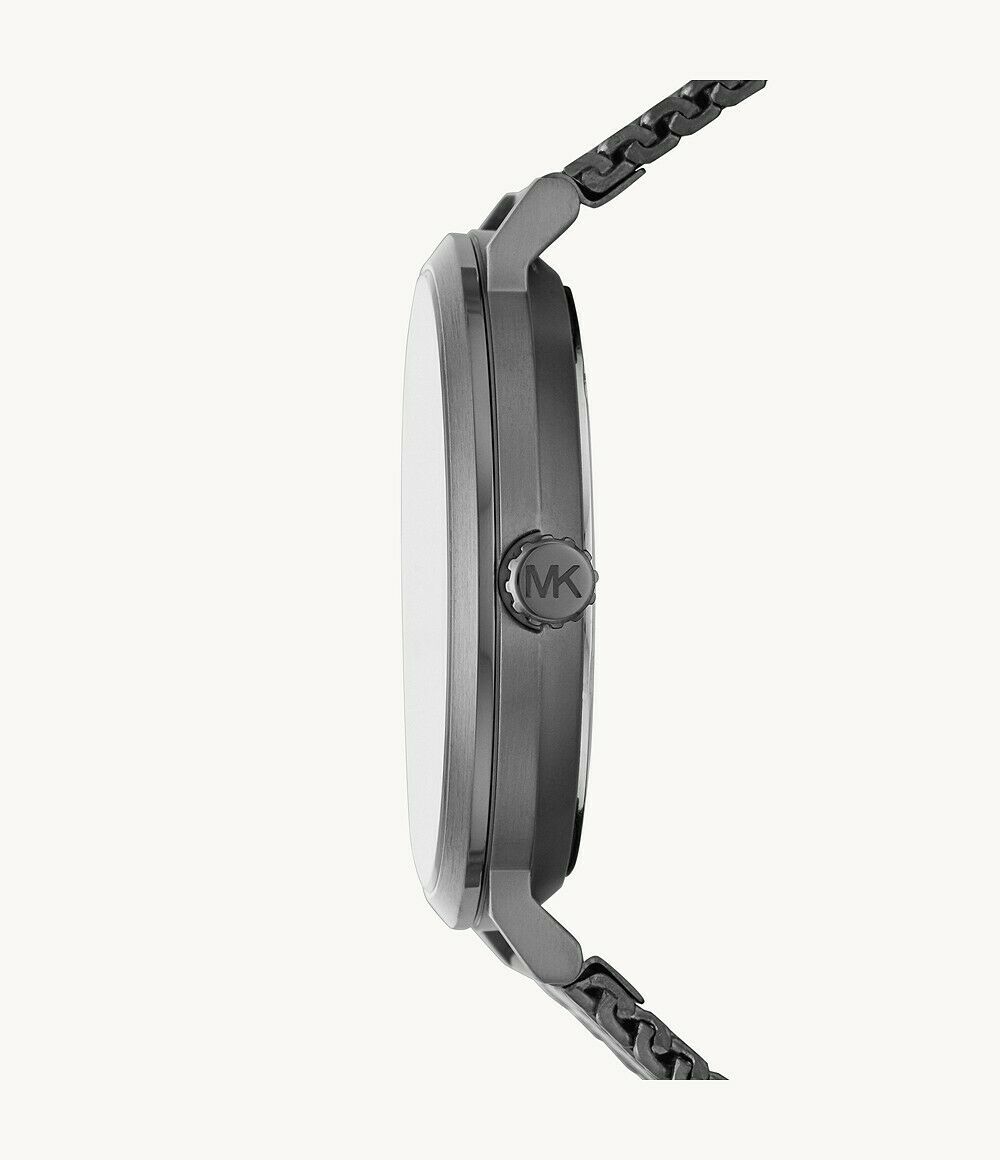 Michael Kors Irving grey watch MK8805 side profile showing thin case and mesh strap