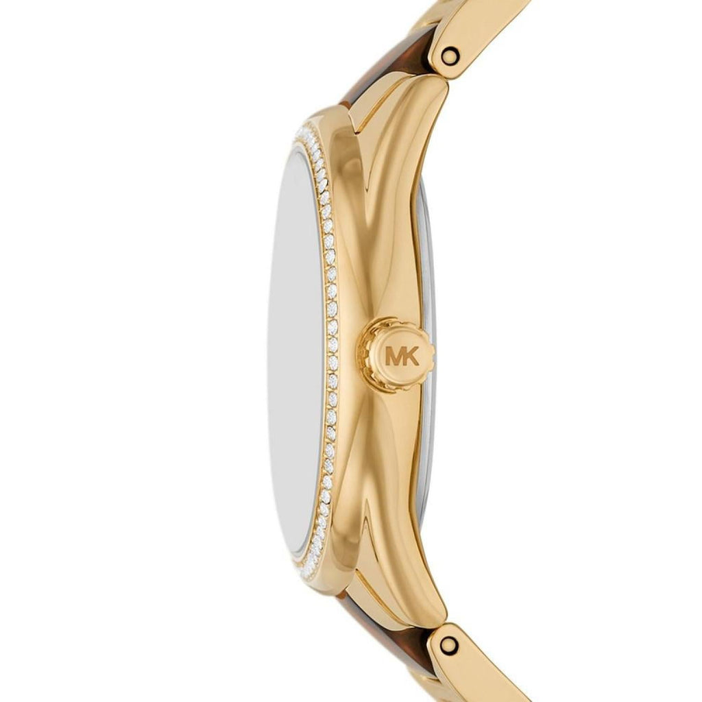 Michael Kors Janelle watch side view showing tortoise acetate strap links and crystal bezel