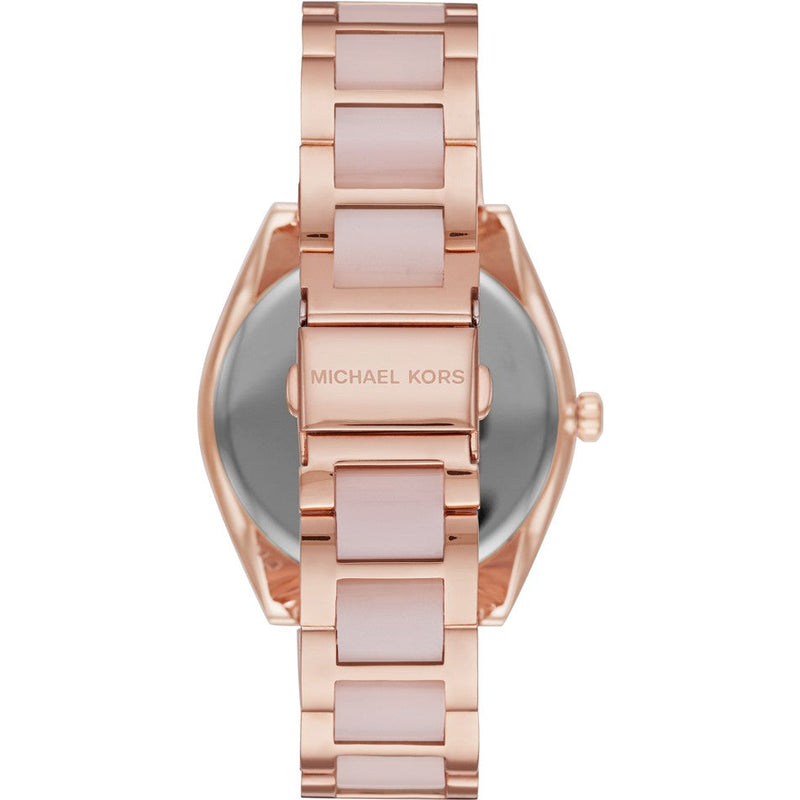 Michael Kors Janelle rose gold watch caseback with Michael Kors engraving