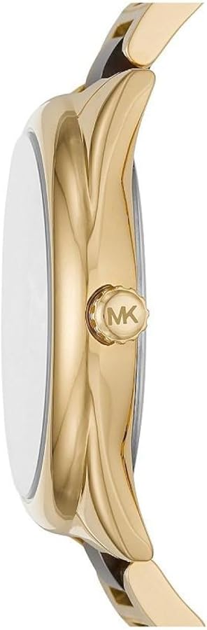 Michael Kors Janelle watch side profile showing gold case with tortoise acetate band and MK charm