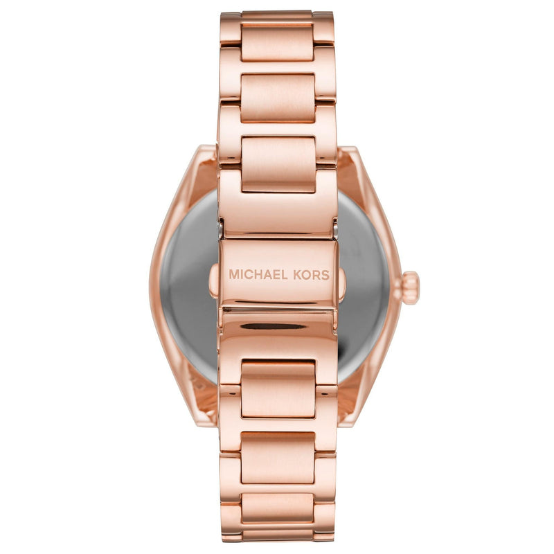 Back of Michael Kors Janelle watch showing caseback with Michael Kors text and rose gold-tone bracelet