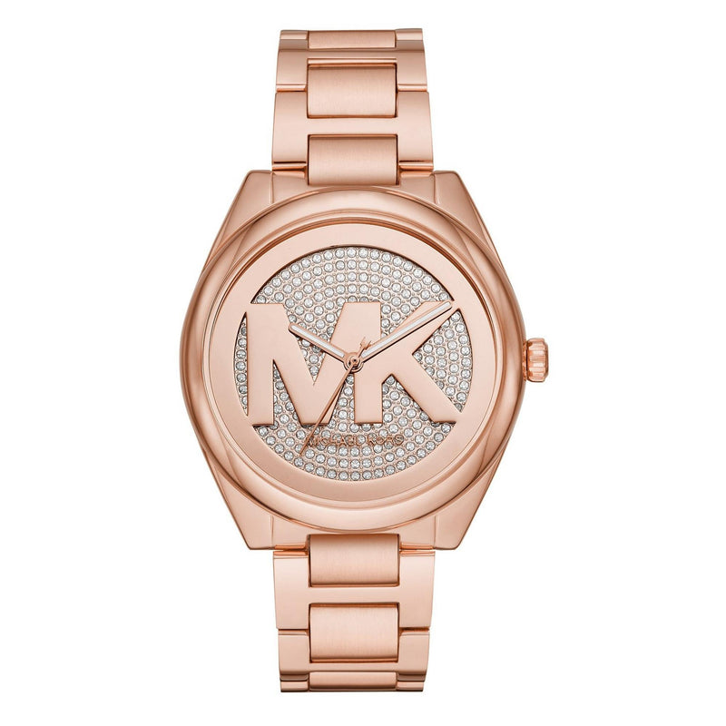 Michael Kors Janelle rose gold-tone watch with pavé crystal dial and MK logo