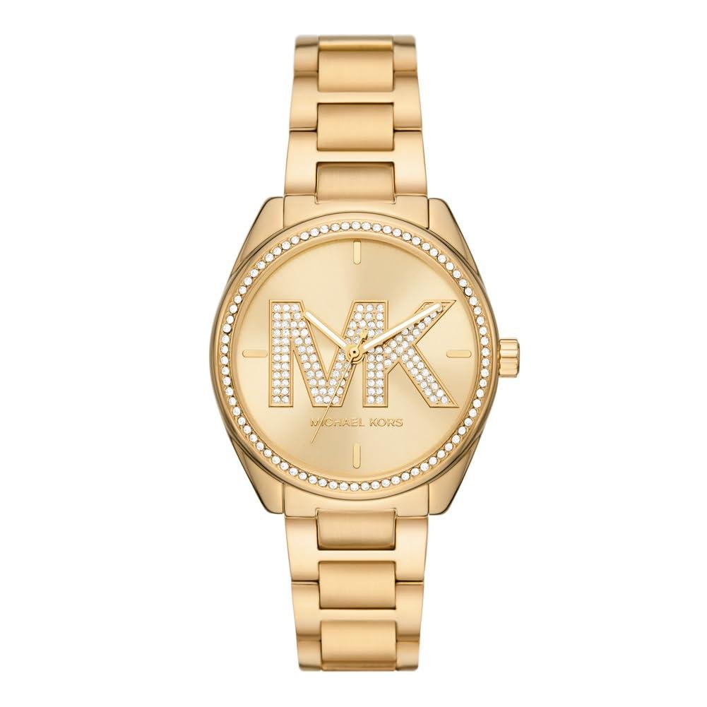 Michael Kors Janelle gold women's watch with pavé MK logo dial and crystal bezel
