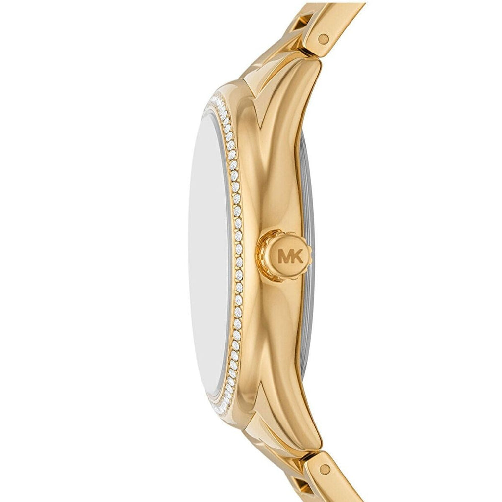 Michael Kors Janelle watch side profile showing gold bracelet and crystal-set bezel
