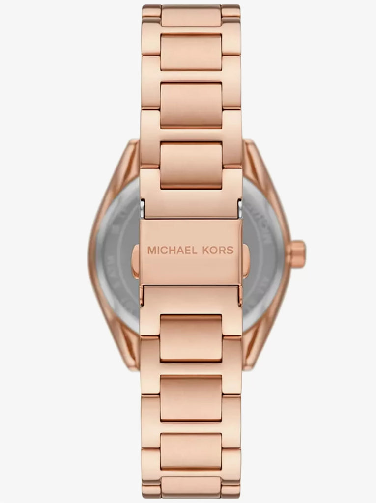 Michael Kors Janelle watch caseback showing rose gold-tone stainless steel bracelet