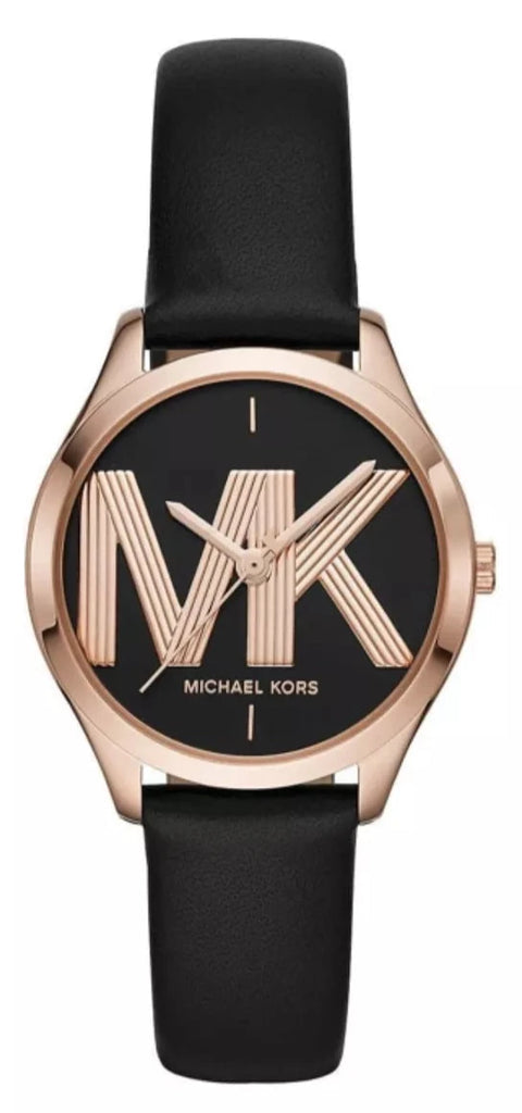 Michael Kors Jaycie women's watch with rose-gold case, black dial, and black leather strap