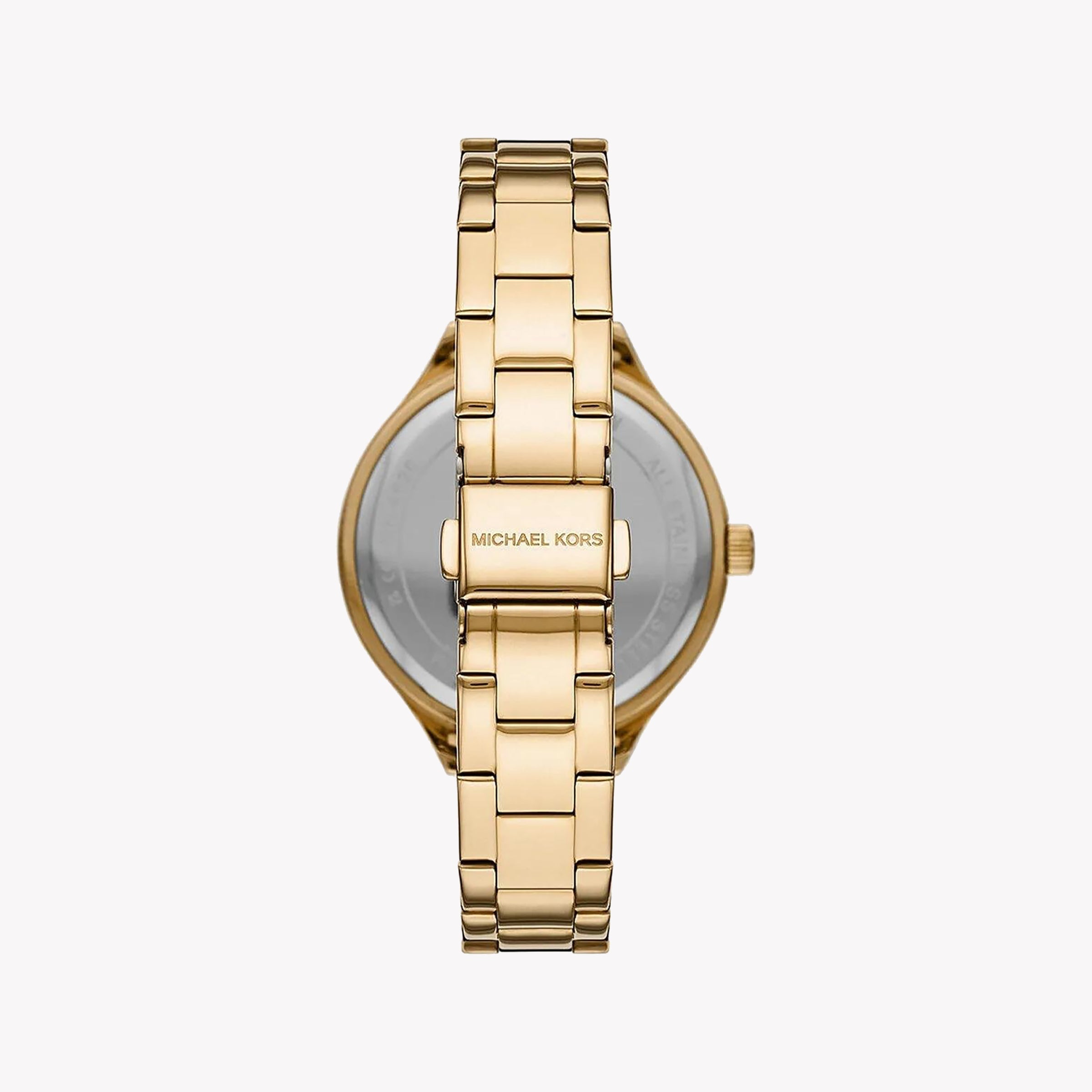 Caseback view of Michael Kors Key Biscayne showing gold-tone bracelet and Michael Kors branding