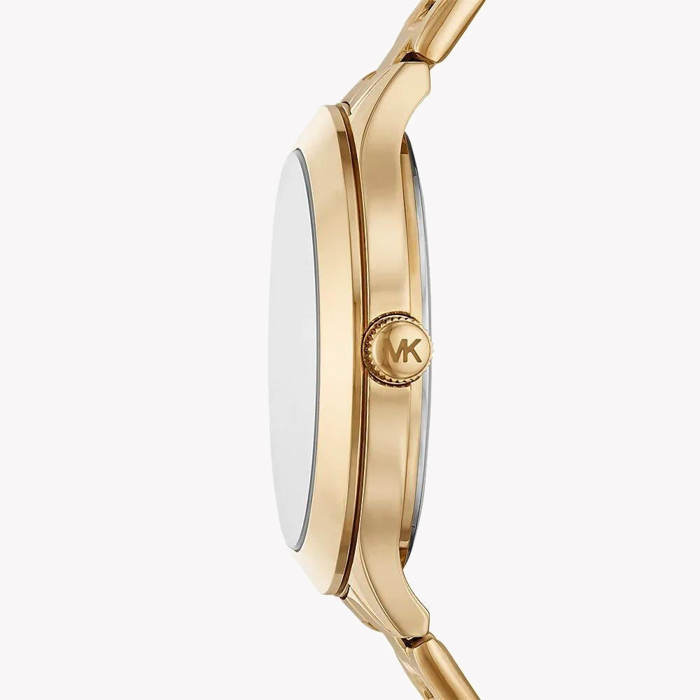 Side view of Michael Kors Key Biscayne gold-tone watch showing case profile and MK logo
