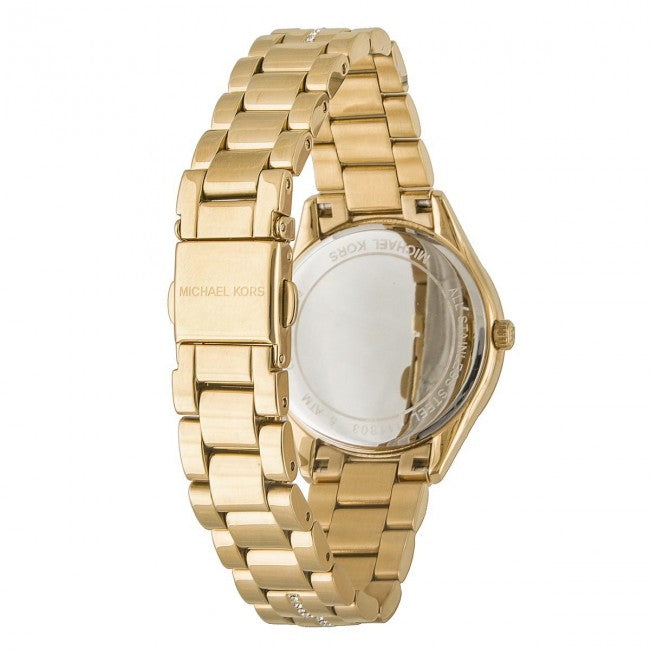 Back view of Michael Kors Lauryn watch showing gold case back and link bracelet