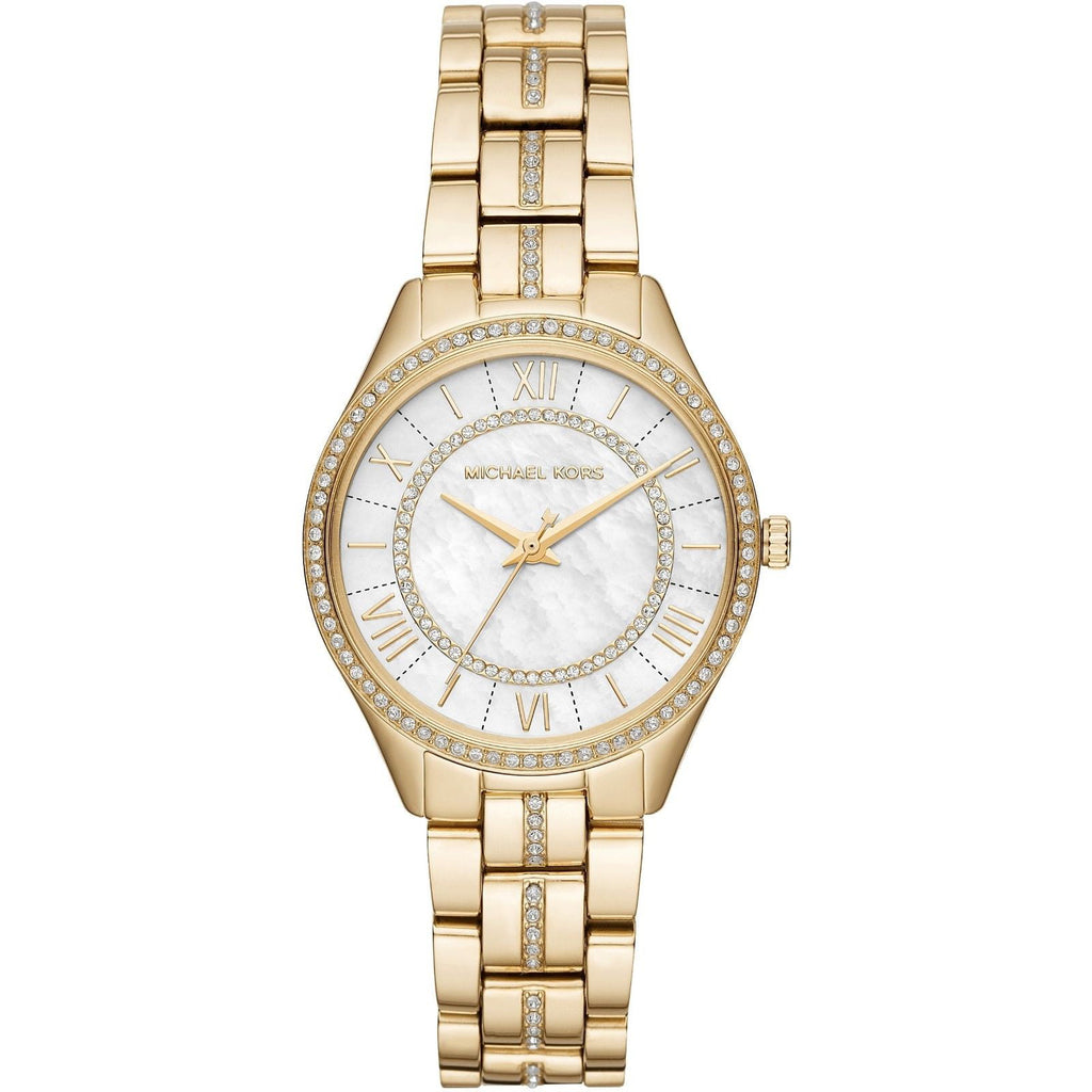 Michael Kors Lauryn white MOP dial gold women's watch with crystal-set bezel and Roman numerals