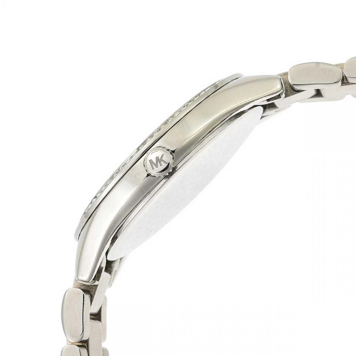 Michael Kors Lauryn MK3900 watch side profile showing curved case and stainless steel band