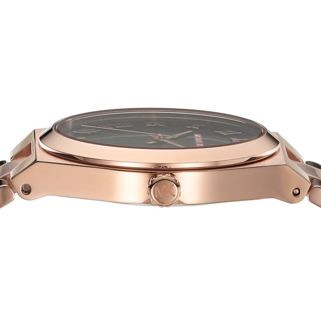 Side profile of rose gold watch case showing crown and bracelet links