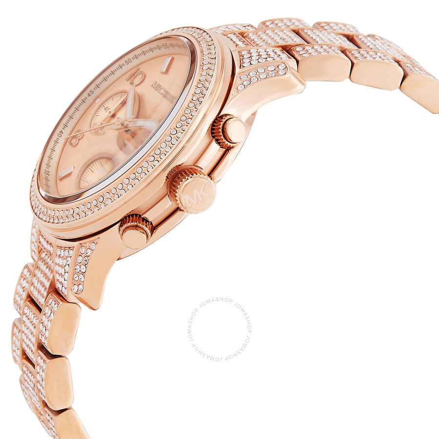 Michael Kors Lennox rose gold chronograph watch side profile with crystal bracelet