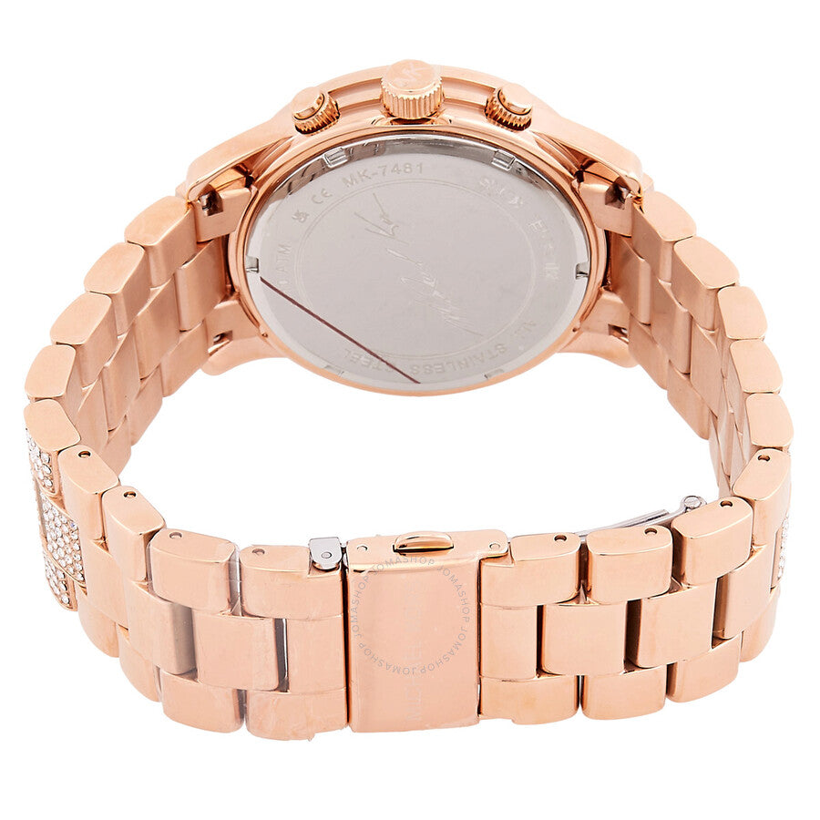 Michael Kors Lennox rose gold chronograph watch showing case back and bracelet