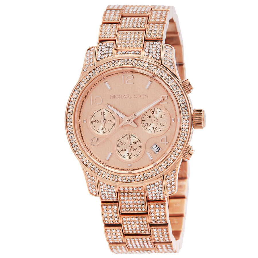 Michael Kors Lennox rose gold chronograph watch with crystal bezel and dial