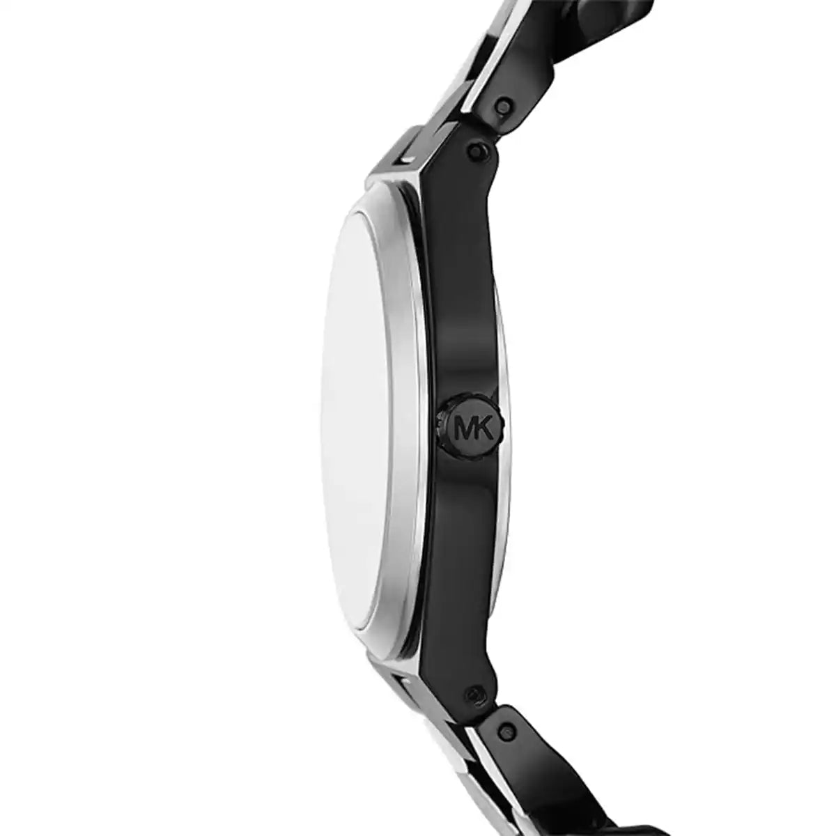 Side profile view of Michael Kors Lennox watch showing case thickness and two-tone metal band