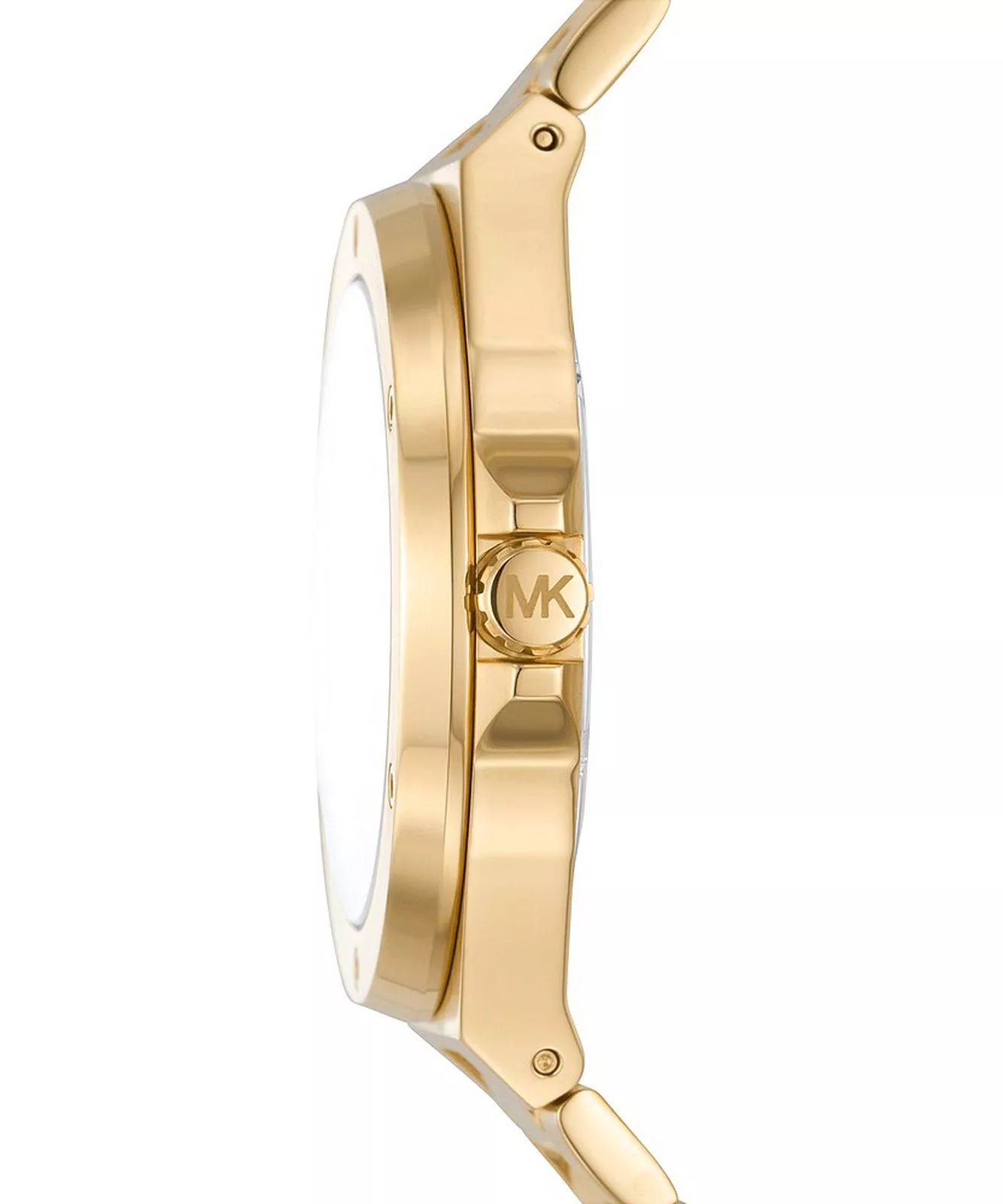 Side profile of Michael Kors Lennox gold-tone watch showing round case and link bracelet