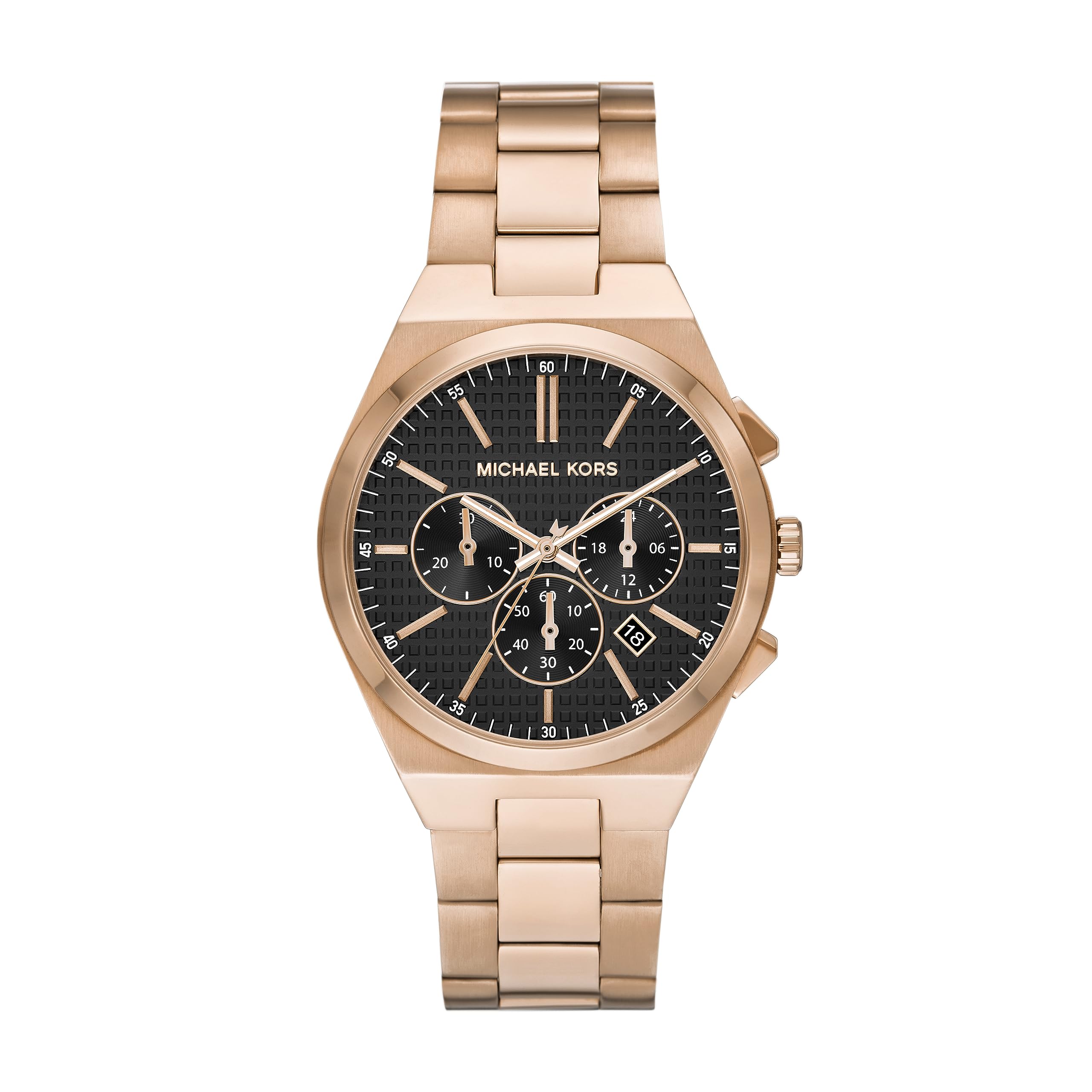 Michael Kors Oversized Lennox Chronograph rose gold-tone men's watch with black dial and chronograph subdials