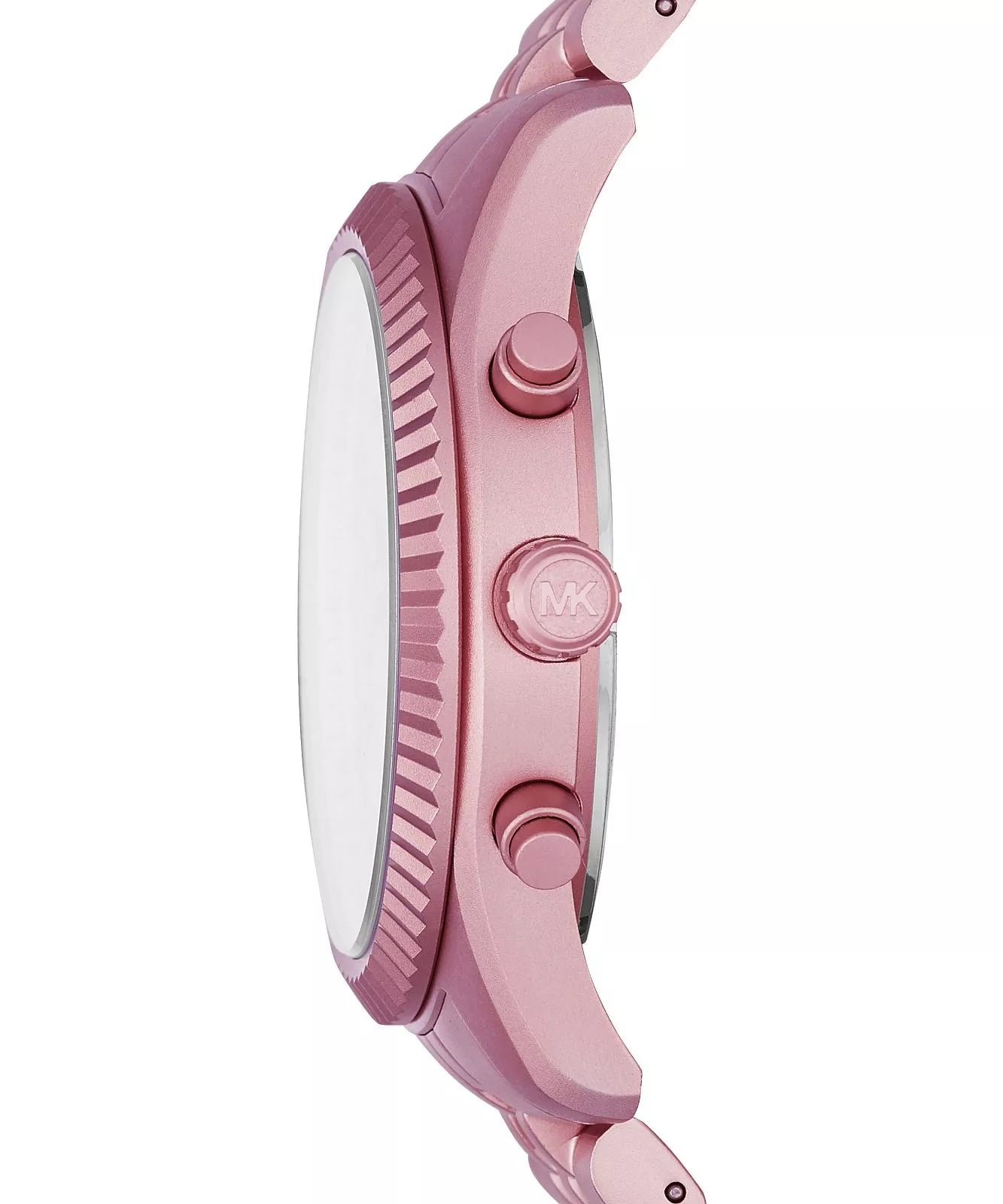 Michael Kors Lexington Chronograph pink aluminum case and bracelet shown from side profile