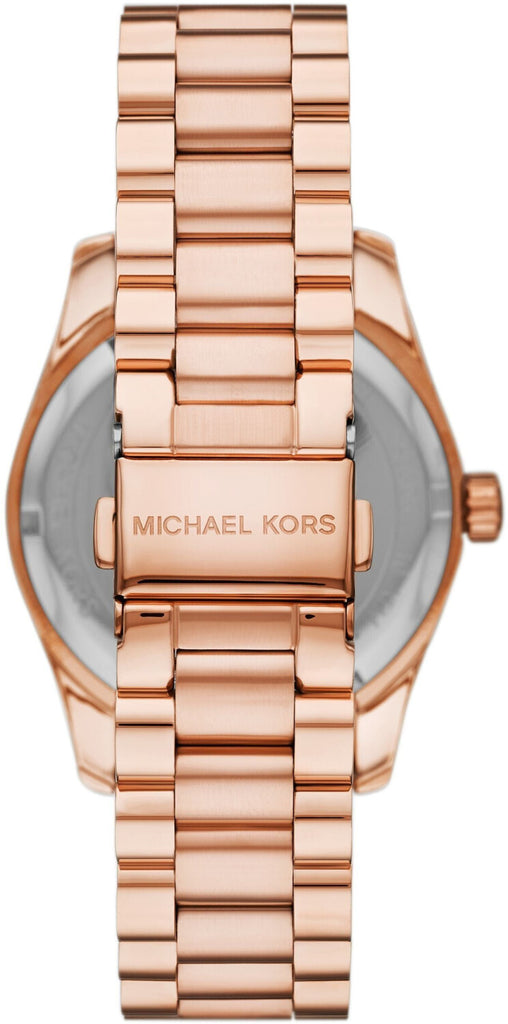 Michael Kors Lexington MK1088 caseback showing rose gold-tone stainless steel bracelet