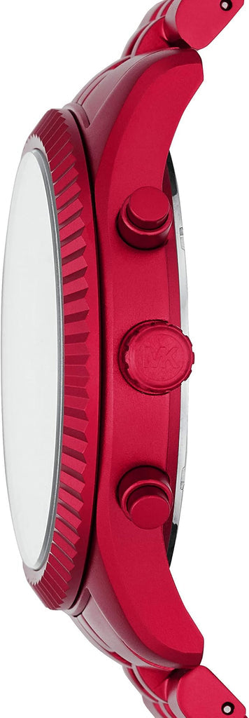 Side profile of red stainless steel watch case showing chronograph pushers and crown