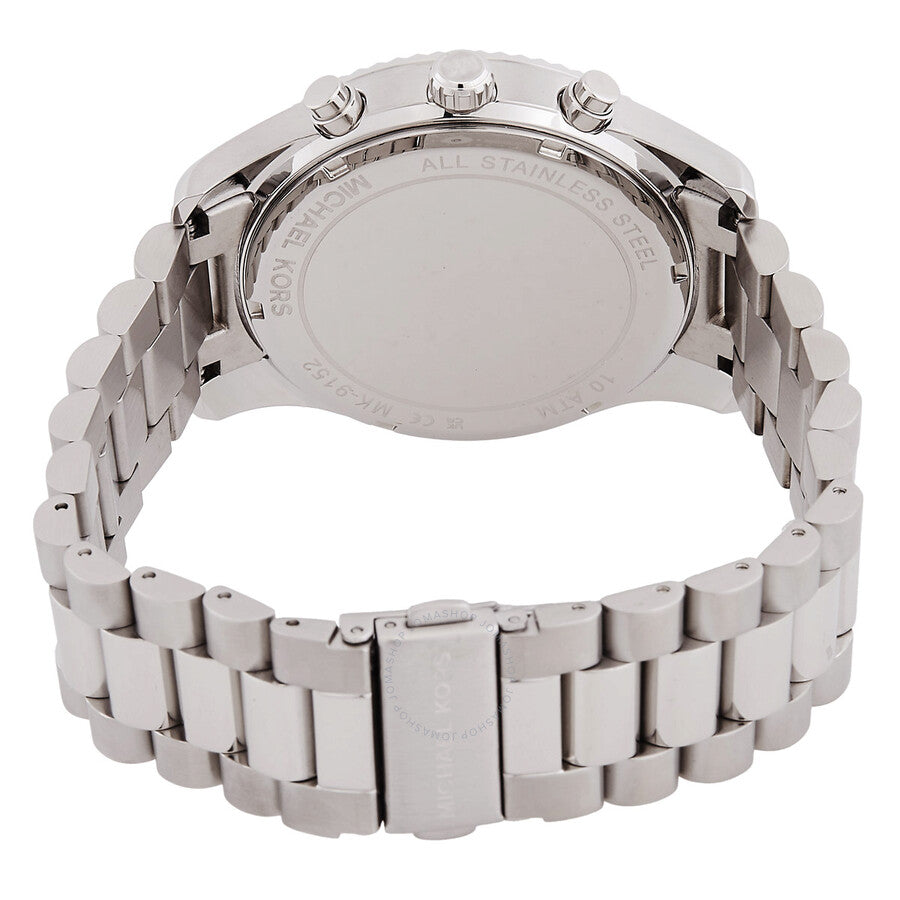 Michael Kors Lexington Chronograph watch caseback showing stainless steel construction