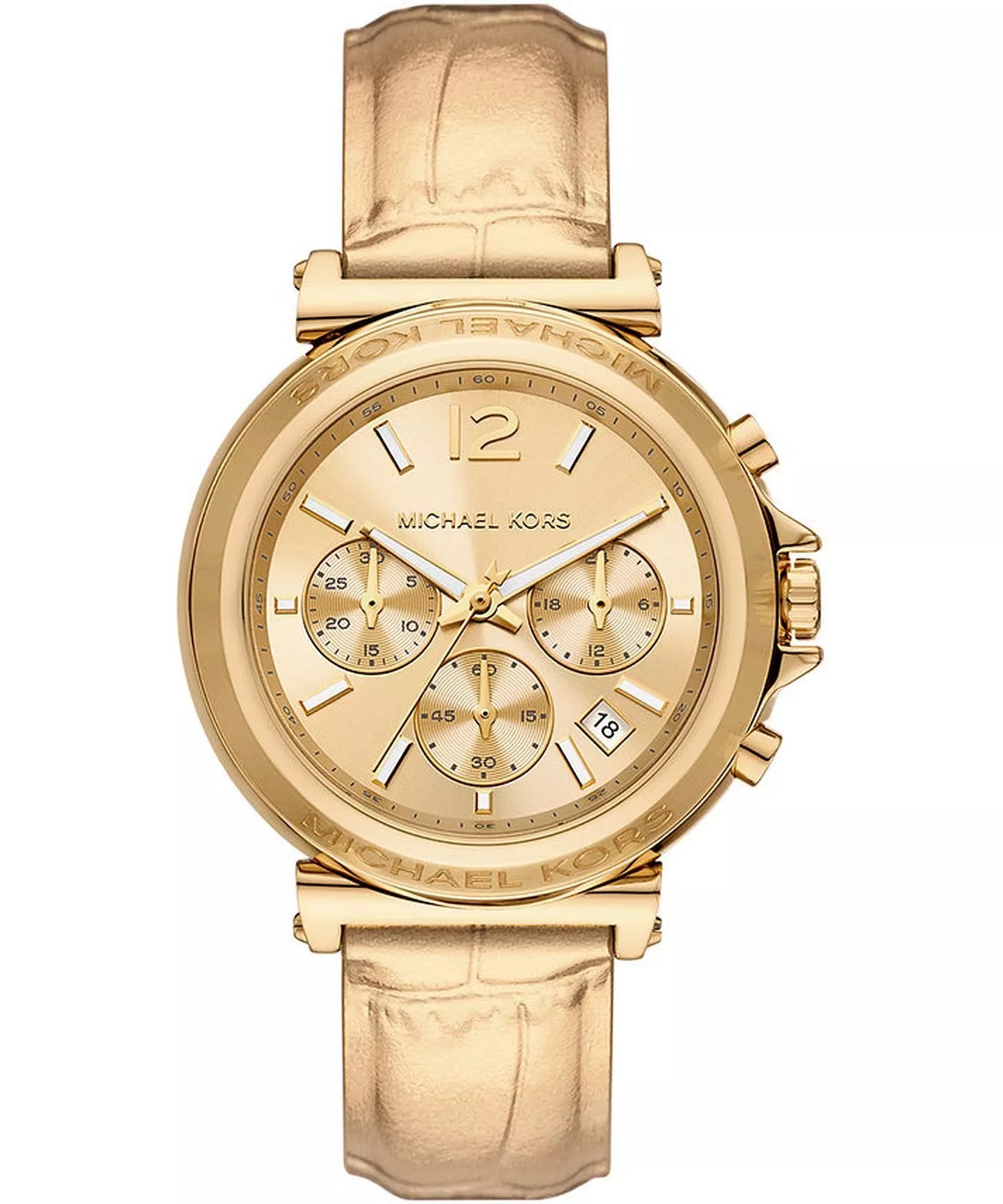 Michael Kors Maren gold chronograph watch with champagne dial and leather strap