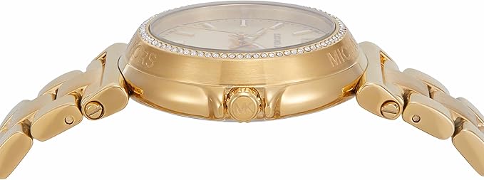 Michael Kors Maren gold-tone watch shown from side angle displaying case profile and bracelet