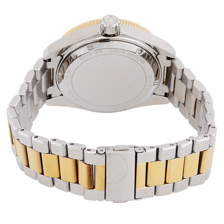 Michael Kors Maritime watch caseback showing two-tone stainless steel and gold-plated bracelet
